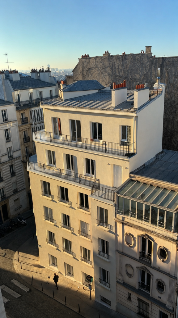 Immeuble parisien avec balcons et toiture visible.